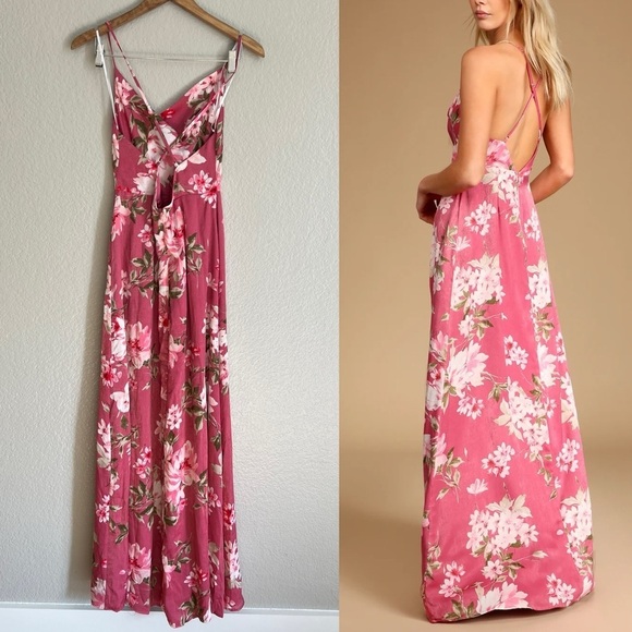 Love of Romance Pink Floral Print Satin Cowl Neck Maxi Dress - Picture 4 of 10